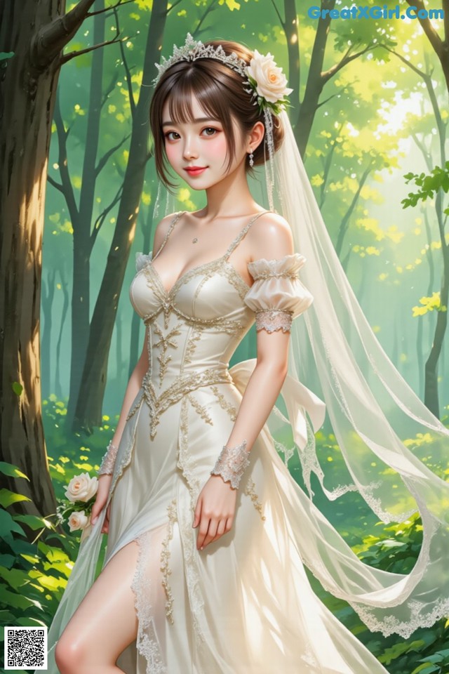 A woman in a wedding dress standing in the woods.