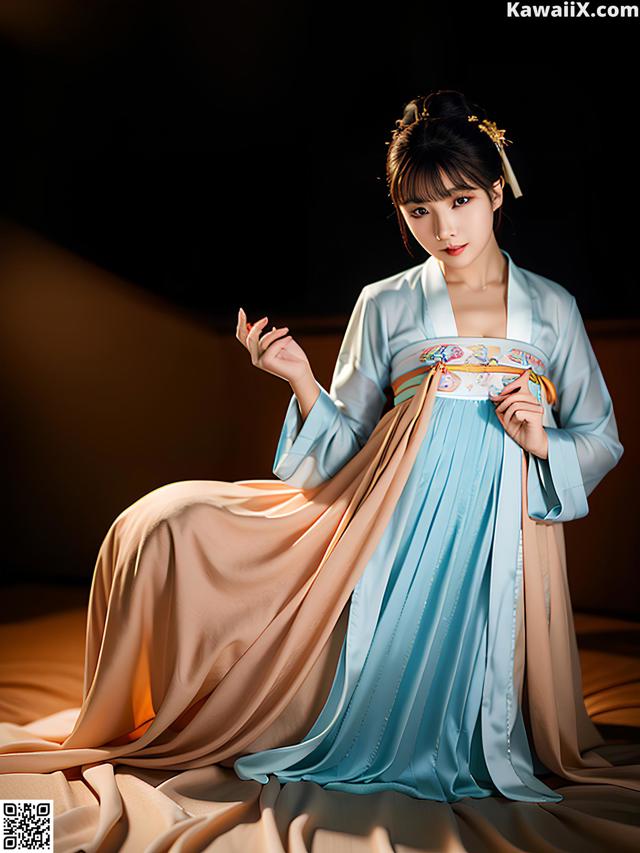 A woman in a blue and beige dress sitting on a bed.